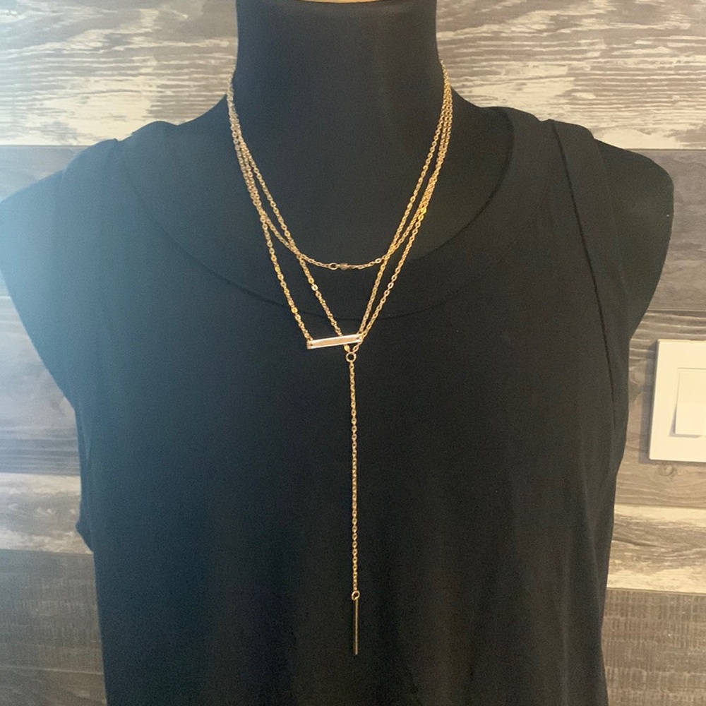 Gold tone layered multi strand Lariat necklace bar coin metal accent adjustabl…